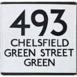 London Transport bus stop enamel E-PLATE for route 493 destinated Chelsfield, Green Street Green.