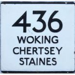 London Transport bus stop enamel E-PLATE for route 436 destinated Woking, Chertsey, Staines.