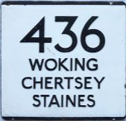 London Transport bus stop enamel E-PLATE for route 436 destinated Woking, Chertsey, Staines.