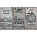 Trio of 1914 LCC Tramways POCKET MAPS ('Map & Guide to Car Services') comprising issues dated