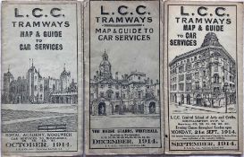 Trio of 1914 LCC Tramways POCKET MAPS ('Map & Guide to Car Services') comprising issues dated