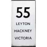 London Transport bus stop enamel E-PLATE, a double-vertical plate for route 55 destinated Leyton,