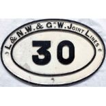 LNWR & GWR Joint Lines cast-iron BRIDGEPLATE no 30. Measures 17.5" x 11.5" (44cm x 29cm). In very