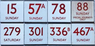 Selection (8) of London Transport bus stop enamel E-PLATES for Saturday or Sunday workings, all with