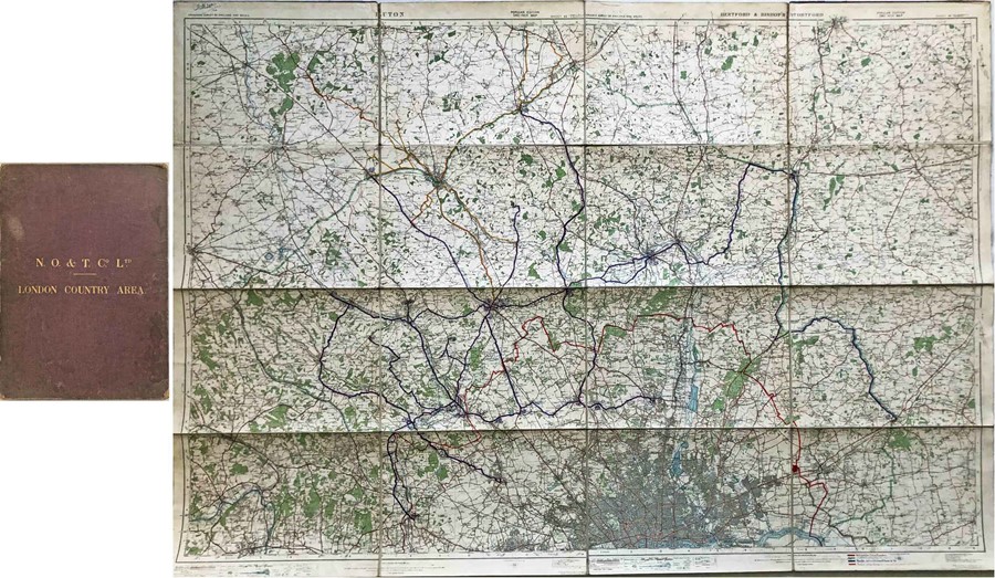 c1930 National Omnibus & Transport Co Ltd MAP of the LONDON COUNTRY AREA. Linen-backed inside