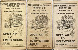 Selection (3) of 1912 London General Omnibus Co POCKET MAPS and GUIDES TO OMNIBUS SERVICES. Early