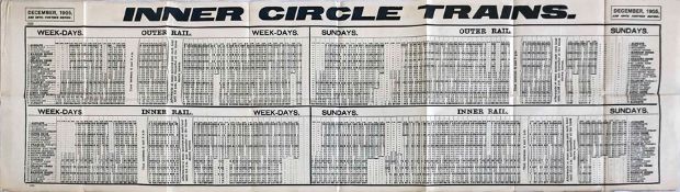 1905 TIMETABLE POSTER for Inner Circle Trains on the London Underground. Dated December 1905 until