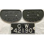 Selection (3) of cast-iron Great Western Railway (GWR) WAGON PLATES: 20 ton 17455 and H5195 (hired