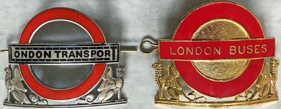 Pair of London Transport inspectors' CAP BADGES comprising 1933 hallmarked-silver Trams &