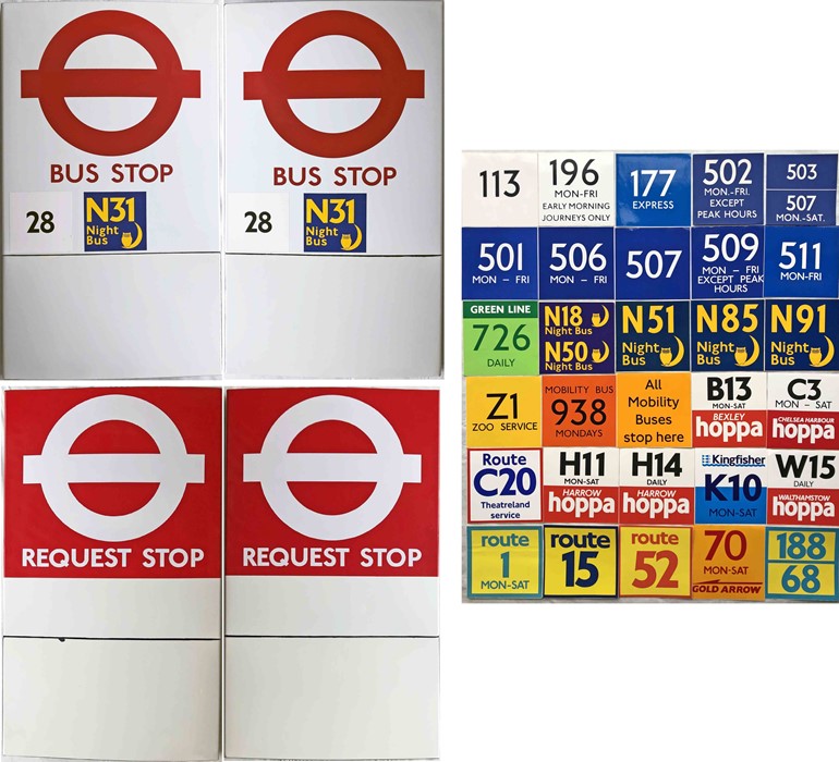 Pair of London Transport enamel BUS STOP FLAGS (Compulsory and Request). E9-size, double-sided '