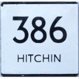 London Transport bus stop enamel E-PLATE for route 386 destinated Hitchin. Most likely to have