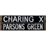 London Underground Q-Stock enamel CAB DESTINATION PLATE Charing X [Charing Cross]/Parsons Green on