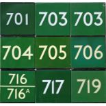 Selection (9) of London Transport coach stop enamel E-PLATES for Green Line routes 701, 703 x 2,