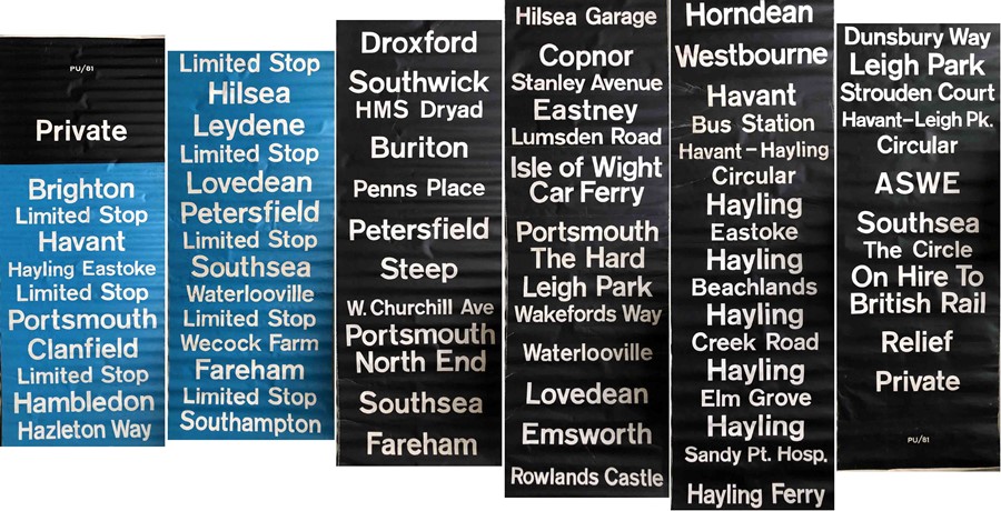 c1970s Southdown Motor Services DESTINATION BLIND, coded PU/81 (Portsmouth area). Includes blue