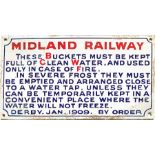 1909 Midland Railway ENAMEL SIGN re Fire Buckets: "These buckets must be kept full of clean