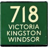 London Transport coach stop enamel E-PLATE for Green Line route 718 destinated Victoria, Kingston,