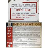 Pair of bus NOTICE PLATES comprising a Middlesborough Corporation enamel 'Own Risk..' plate as