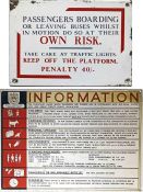 Pair of bus NOTICE PLATES comprising a Middlesborough Corporation enamel 'Own Risk..' plate as