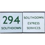 Pair of London Transport bus/coach stop enamel E-PLATES for Southdown route 294 and Southdown