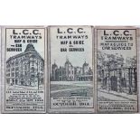 Trio of 1914 LCC Tramways POCKET MAPS ('Map & Guide to Car Services') comprising issues dated