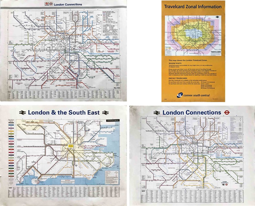 Selection (4) of railway POSTER MAPS comprising 3 x quad-royal size: May 1989 and April 1998 'London