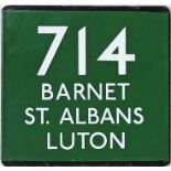 London Transport coach stop enamel E-PLATE for Green Line route 714 destinated Barnet, St Albans,