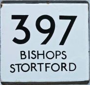 London Transport bus stop enamel E-PLATE for route 397 destinated Bishops Stortford. Most likely