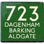London Transport coach stop enamel E-PLATE for Green Line route 723 destinated Dagenham, Barking,