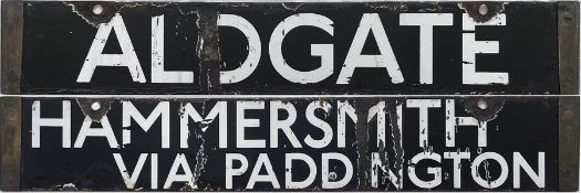London Underground Q/CO/CP Stock enamel DESTINATION PLATE for Aldgate / Hammersmith via Paddington