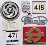 Selection (8) of bus/rail-related PLATES & BADGES etc comprising a Routemaster etc plastic BELL