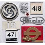 Selection (8) of bus/rail-related PLATES & BADGES etc comprising a Routemaster etc plastic BELL