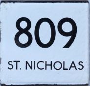 London Transport bus stop enamel E-PLATE for route 809 destinated St Nicholas. This would have