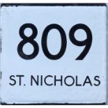 London Transport bus stop enamel E-PLATE for route 809 destinated St Nicholas. This would have