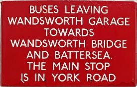 London Transport bus stop enamel G-PLATE 'Buses leaving Wandsworth Garage towards Wandsworth