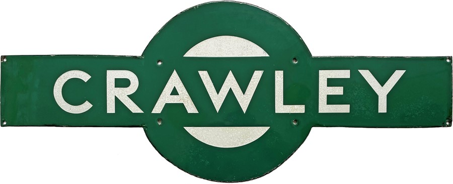 Southern Railway enamel STATION TARGET SIGN from Crawley on the former LB&SCR Mid-Sussex or Arun