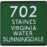 London Transport coach stop enamel E-PLATE for Green Line route 702 destinated Staines, Virginia