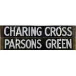 London Underground Q-Stock enamel CAB DESTINATION PLATE Charing Cross / Parsons Green on the