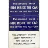 Pair of ENAMEL SIGNS, thought to be Mersey Railway, "Passengers must ride inside the car and not