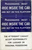 Pair of ENAMEL SIGNS, thought to be Mersey Railway, "Passengers must ride inside the car and not