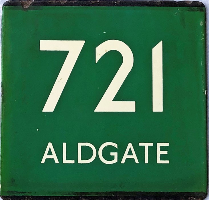 London Transport coach stop enamel E-PLATE for Green Line route 721 destinated Aldgate. Just four