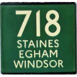 London Transport coach stop enamel E-PLATE for Green Line route 718 destinated Staines, Egham,