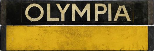 London Underground O/P/Q-Stock enamel CAB DESTINATION PLATE for Olympia (the destination is a