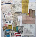 Bundle of LONDON TRANSPORT EPHEMERA, 1930s-1970s, including tram and bus fare-charts, e-plate for