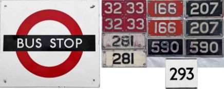 Selection (14) of bus-related items comprising a London Transport enamel BUS STOP PLATE (