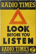 1950s ADVERTISING SIGN 'Radio Times - Look before you listen - A BBC publication every Friday 2d'.