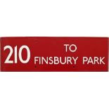 London Transport bus stop enamel G-PLATE '210 to Finsbury Park'. We haven't identified where this