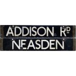 London Underground Q/CO/CP Stock enamel DESTINATION PLATE for Addison Rd/Neasden on the then