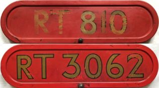 Pair of London Transport RT-type bus BONNET FLEETNUMBER PLATES from RT 810 and RT 3062. The first RT