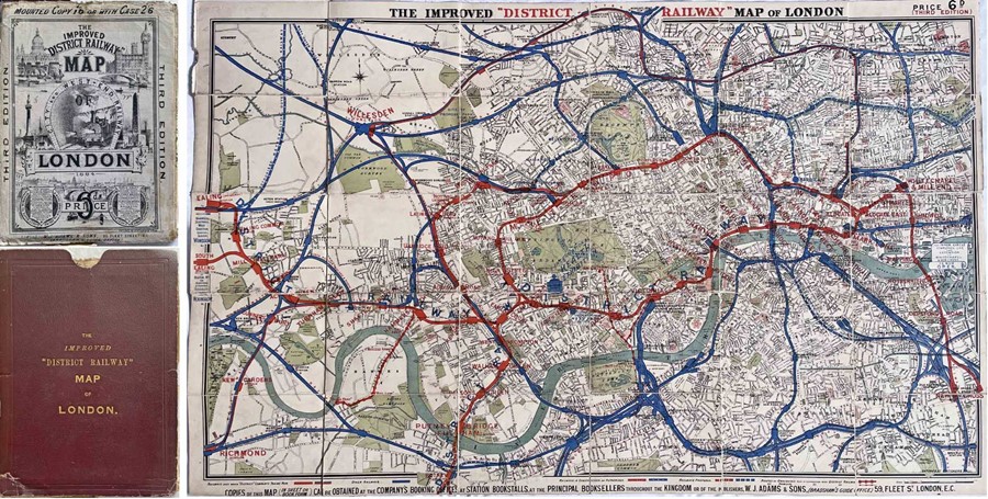 1884 'Improved' District Railway MAP OF LONDON, 3rd edition. A very early Underground map showing