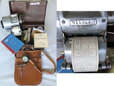 London Transport GIBSON TICKET MACHINE with box, leather cash-bag with budget key, spare ticket